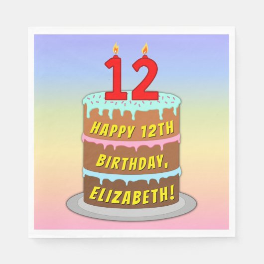 12誕生日:おもしろいケーキとキャンドル+名前をカスタムする スタンダードランチョンナプキン (正面)