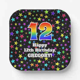 12誕生日:おもしろい星模様と虹"12" ペーパープレート