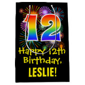 12誕生日:おもしろい花火パターン+虹12 ミディアムペーパーバッグ (正面)