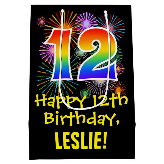 12誕生日:おもしろい花火パターン+虹12 ミディアムペーパーバッグ (裏面)