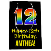 12誕生日:おもしろい、はっきりした、カラフルレインボー「12」 ミディアムペーパーバッグ (正面)