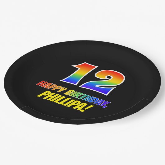 12誕生日:はっきりした,おもしろい,シンプル虹， 12 ペーパープレート (アングル)