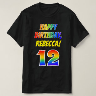 12誕生日:はっきりした、おもしろい、レインボー12、名前をカスタムする Tシャツ