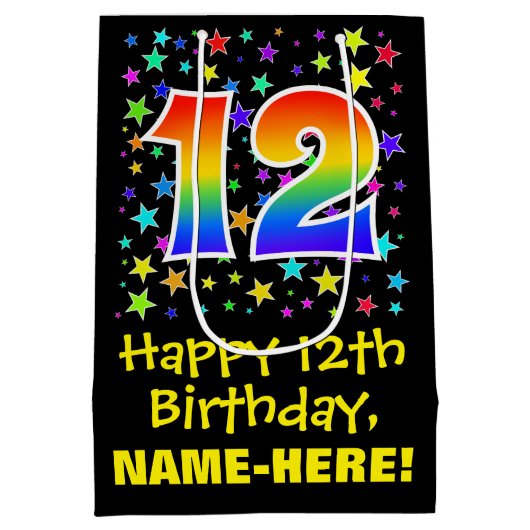 12誕生日:カラフルスターズパターン&レインボー12 ミディアムペーパーバッグ (裏面)