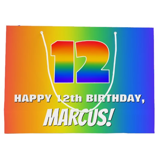 12誕生日: カラフル、おもしろいレインボーパターン# 12 ラージペーパーバッグ (裏面)