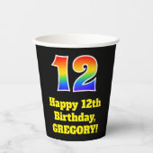 12誕生日:カラフル,おもしろい,エキサイティング, Rainbow 12 紙コップ (正面)