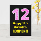 12誕生日:ピンクストライプのハートと12+名前 カード (黄色い花)