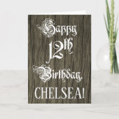 12誕生日:、ファンシー文字エレガント、フェイクWood Look カード (正面)