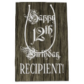 12誕生日: ファンシー, フェイク Wood Look +名前をカスタムする ミディアムペーパーバッグ (正面)