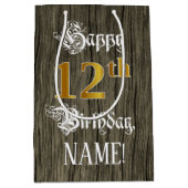 12誕生日:フェイク金ゴールドルック&ウッドフェイクパターン ミディアムペーパーバッグ (正面)