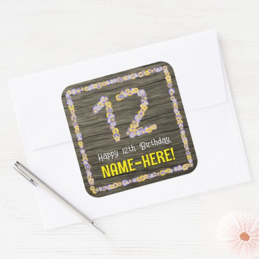 12誕生日:フローラ番号、フェイク木目、名前 スクエアシール (封筒)