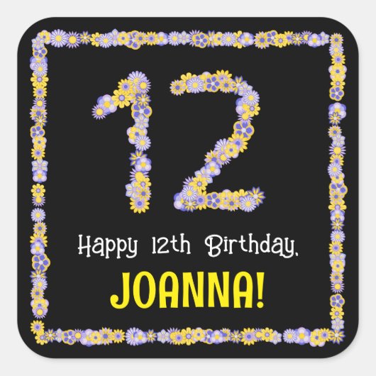 12誕生日:フローラ花数名前をカスタムする スクエアシール (正面)