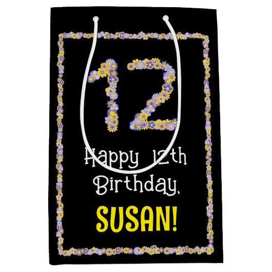 12誕生日:フローラ花数名前をカスタムする ミディアムペーパーバッグ (正面)