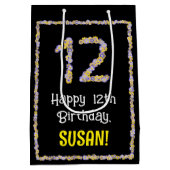 12誕生日:フローラ花数名前をカスタムする ミディアムペーパーバッグ (裏面)