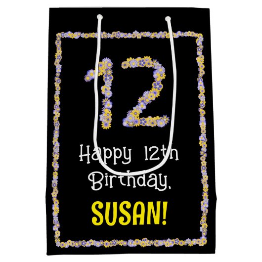 12誕生日:フローラ花数名前をカスタムする ミディアムペーパーバッグ (裏面)