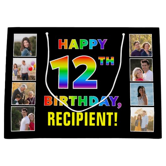 12誕生日：レインボー文字カスタム、写真&名前 ラージペーパーバッグ (正面)