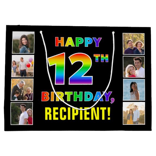 12誕生日:レインボー文字カスタム、写真&名前 ラージペーパーバッグ (裏面)