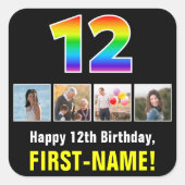 12誕生日：レインボー「12」、写真カスタムと名前 スクエアシール (正面)