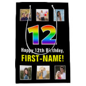12誕生日：レインボー「12」、写真カスタムと名前 ミディアムペーパーバッグ (正面)