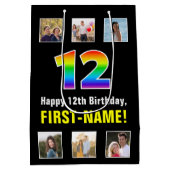 12誕生日：レインボー「12」、写真カスタムと名前 ミディアムペーパーバッグ (裏面)