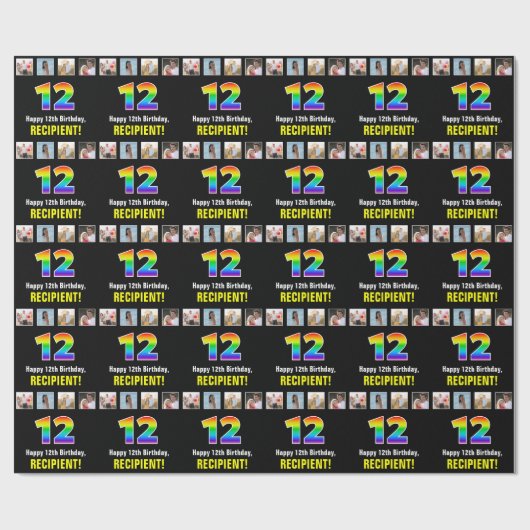 12誕生日：レインボー「12」、写真カスタムと名前 ラッピングペーパー (フラット)
