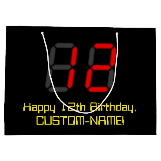 12誕生日:レッドデジタルクロックスタイル"12" +名前 ラージペーパーバッグ (裏面)