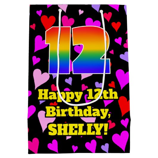 12誕生日：愛するハートパターン、虹# 12 ミディアムペーパーバッグ (裏面)