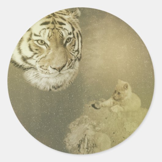 126.トラと子猫の丸いステッカー ラウンドシール (正面)