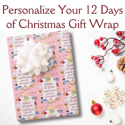 12 Days of Christmas パステルピンク パーソナライズド ラッピングペーパーシート