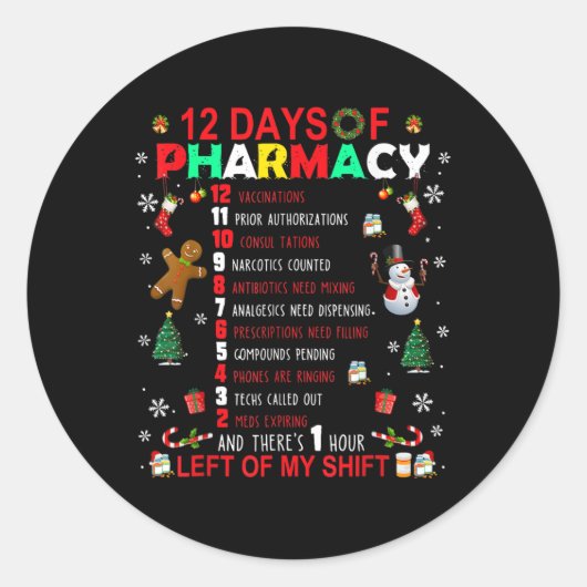 12 Days Of Pharmacy Funny Christmas Pharmacist Tec ラウンドシール (正面)