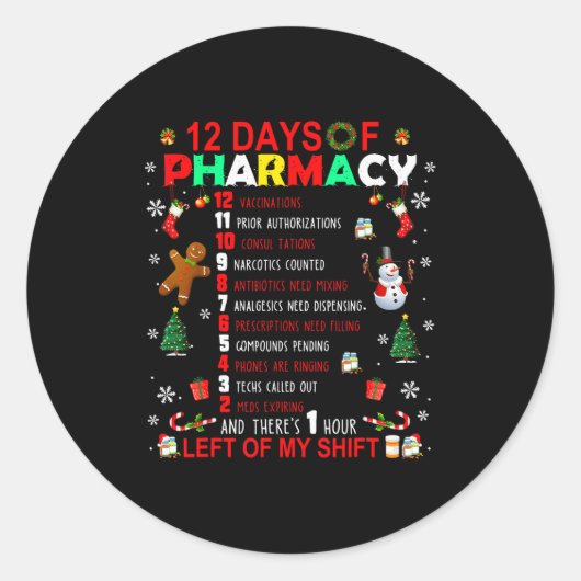 12 Days Of Pharmacy Funny Christmas Pharmacist Tec ラウンドシール (正面)