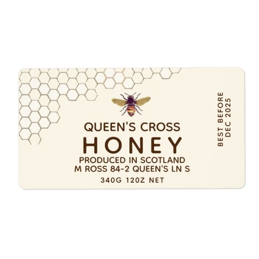 12 ozはちみつ16進jarラベル（ハニカムとビー付き） ラベル (正面)
