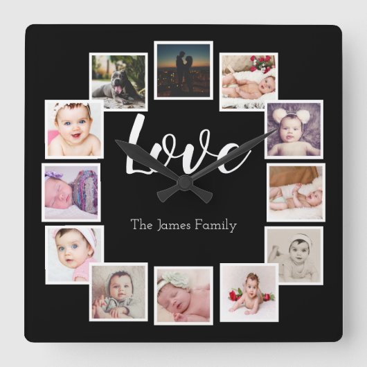 12 Photo Collage パーソナライズされた LOVE Family スクエア壁時計 (正面)