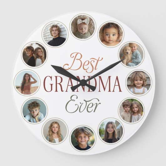 12 Photo Collage Best Grandma Ever ラージ壁時計 (正面)