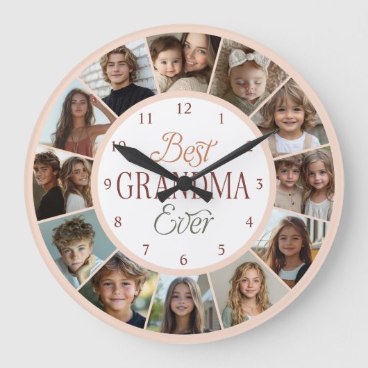 12 Photo Collage Best Grandma Ever Large Clock ラージ壁時計 (正面)