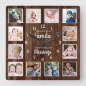 12 Photo Collage Family Blessings Quote Dark Wood スクエア壁時計 (正面)
