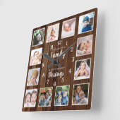 12 Photo Collage Family Blessings Quote Dark Wood スクエア壁時計 (傾斜)