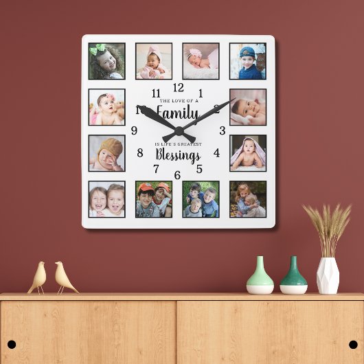 12 Photo Collage Family Love Blessings Quote White スクエア壁時計