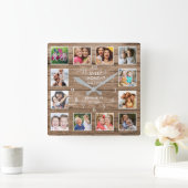 12 Photo Collage Family Name Moment Reclased Wood スクエア壁時計 (ホーム)
