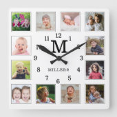 12 Photo Collage Family Name Monogram Black White スクエア壁時計 (正面)