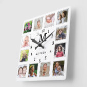 12 Photo Collage Family Name Monogram Black White スクエア壁時計 (傾斜)