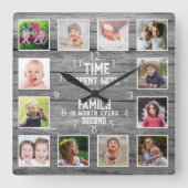 12 Photo Collage Family Quote Farmhouse Gray Wood スクエア壁時計 (正面)
