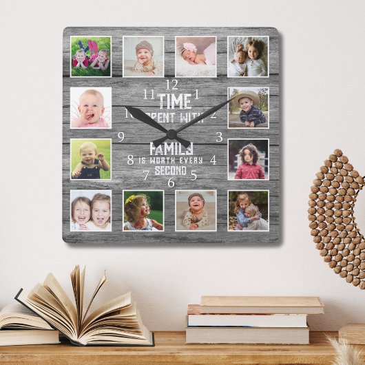 12 Photo Collage Family Quote Farmhouse Gray Wood スクエア壁時計