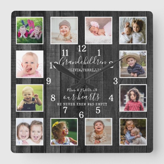 12 Photo Collage Grandchildren Quote Black Wood スクエア壁時計 (正面)
