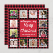 12 Photo Collage Red Buffalo Plaid Merry Christmas シーズンカード (正面/裏面)