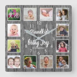 12 Photo Collage Rustic Gray Wood Grandkids Quote スクエア壁時計