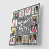 12 Photo Collage Rustic Gray Wood Grandkids Quote スクエア壁時計 (傾斜)