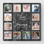 12 Photo Collage Time Memories Quote Black Wood スクエア壁時計 (正面)