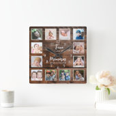 12 Photo Collage Time Memories Quote Dark Wood スクエア壁時計 (ホーム)