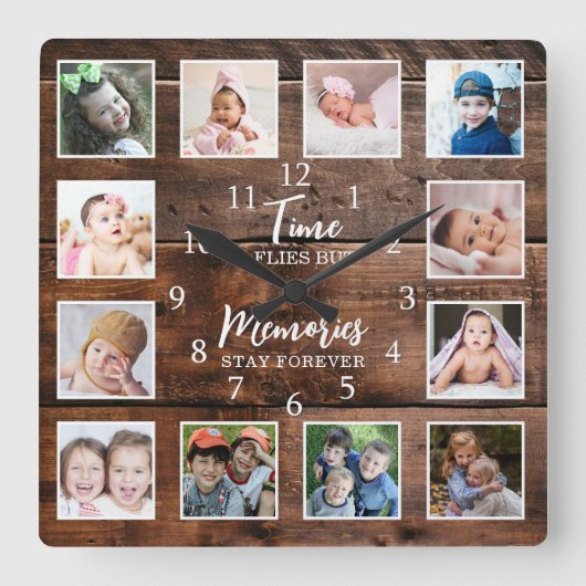 12 Photo Collage Time Memories Quote Dark Wood スクエア壁時計 (正面)